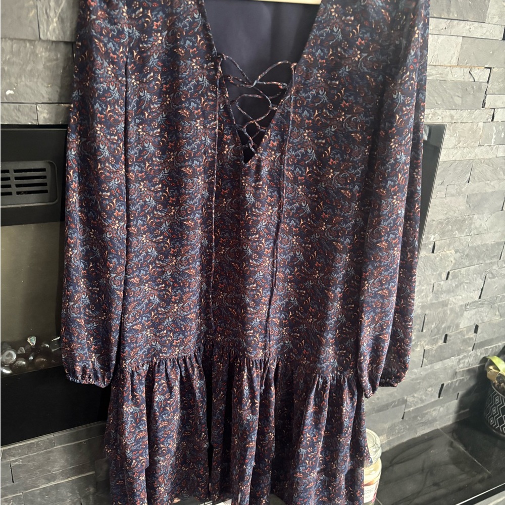Belle Sky Navy lined floral lace up top Patterned Dress sheer sleeves